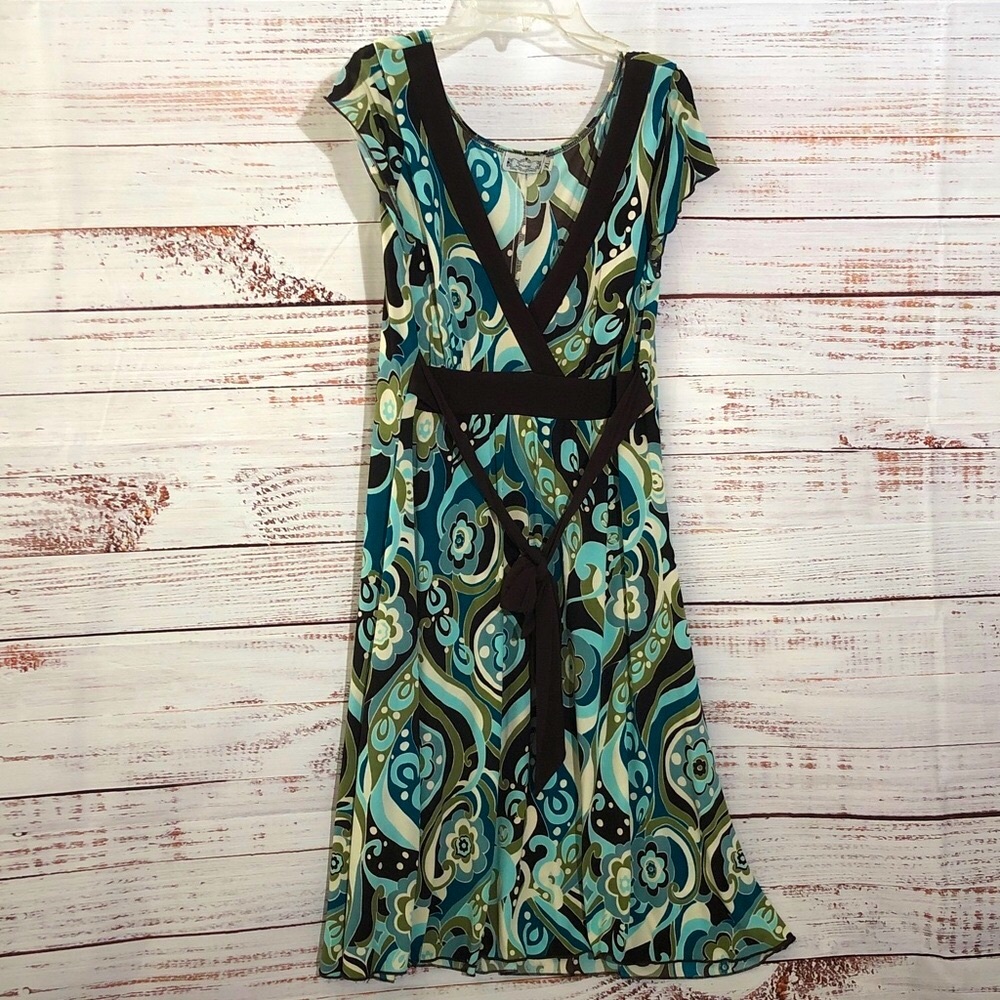 Trixxi Floral V-Neck Dress - Blue Green crème and Brown size XL